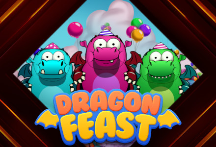 The new game "Dragon Feast" at Golden Euro Casino, three little dragons in front of clouds and balloons. 