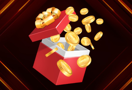 The new no deposit bonus bonus is waiting for you at Golden Euro! Red gift box with lots of coins flying out of it.